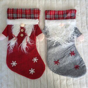 Set Of 2 Gnome Tomte Fleece Christmas Stockings Bearded Whimsical Fairy Holiday‎